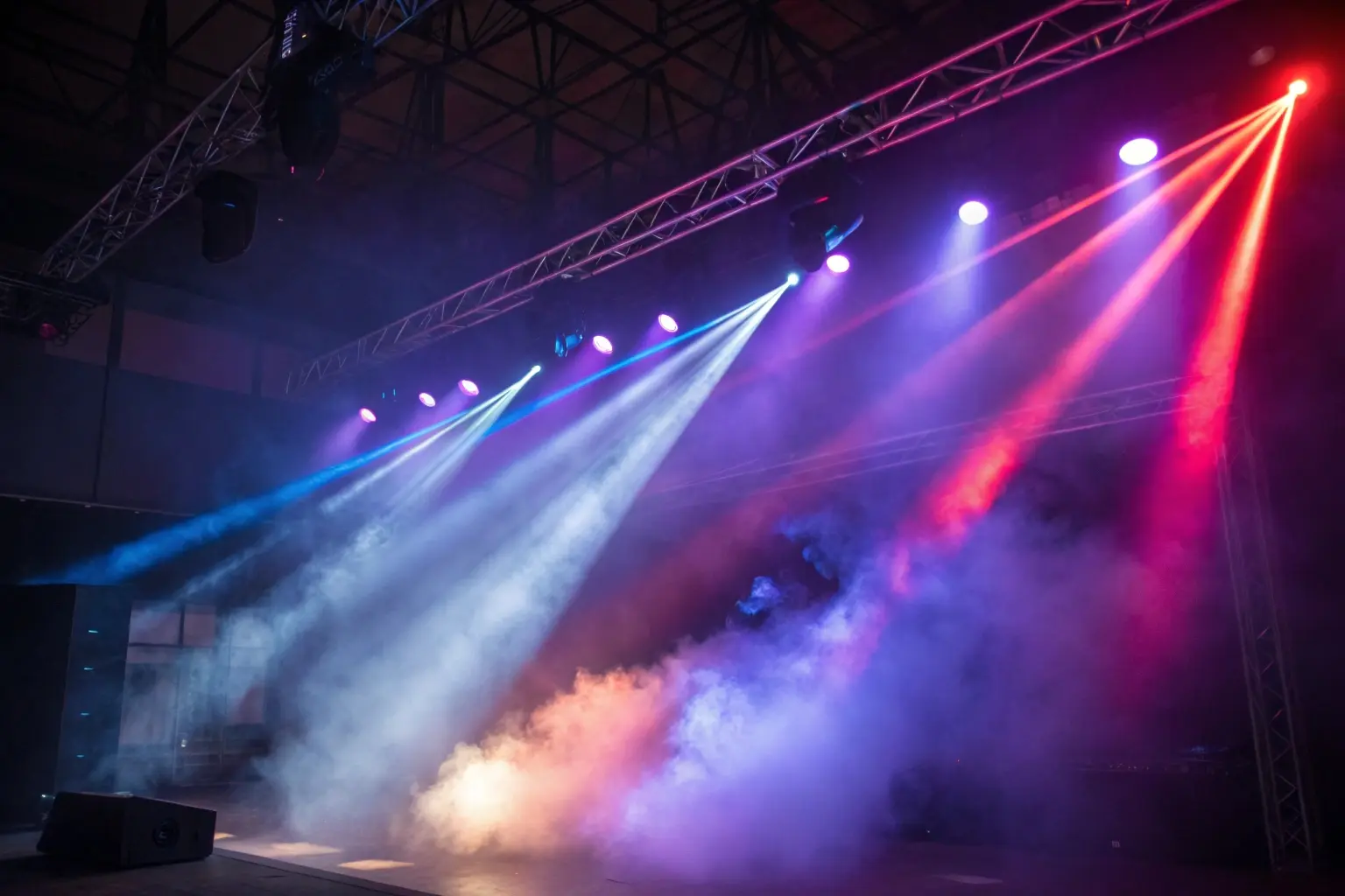 stage lighting beams in haze